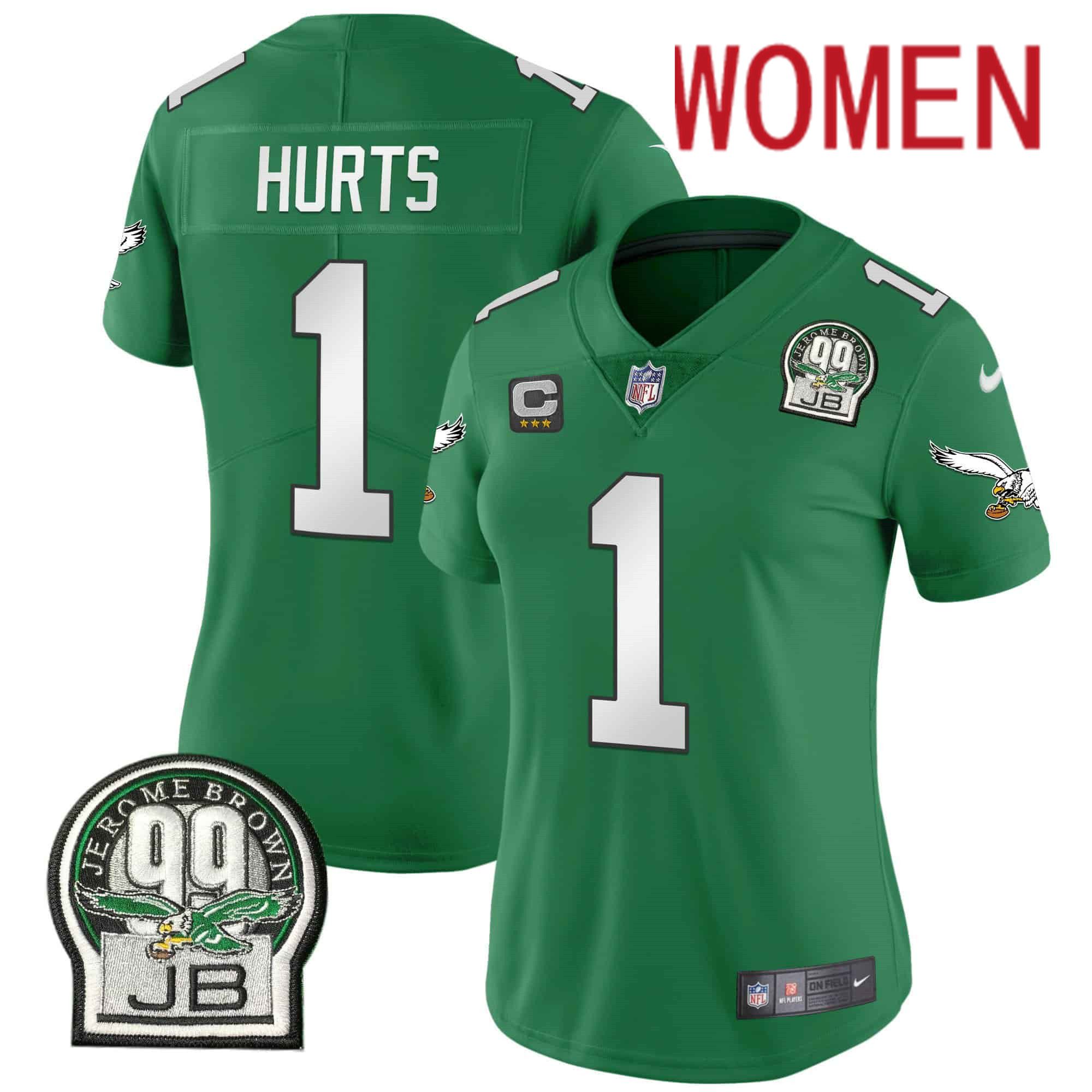 Women Philadelphia Eagles #1 Hurts Green 2024 Nike Jerome Brown Patch Alternate Limited NFL Jersey style 1